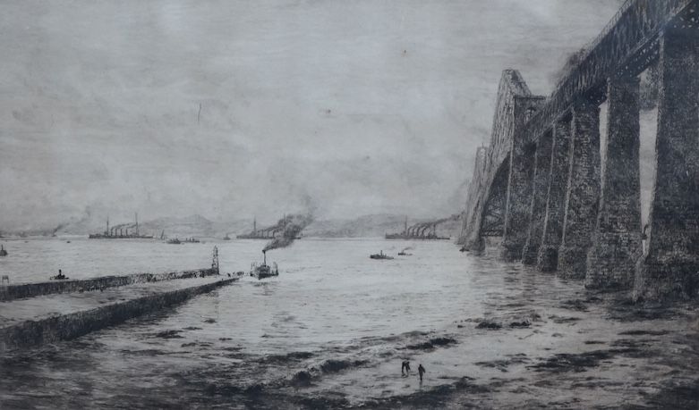 William Lionel Wyllie (1851-1931), etching, ‘The Forth Bridge’, signed in pencil, 25 x 39cm. Condition - poor to fair